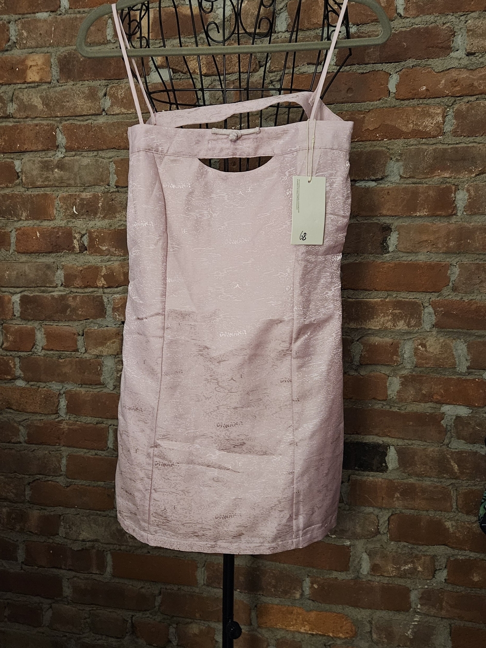 Sleeveless Modern Chinese  Blush Pink Mini Dress w Front Cutout, Knot &  Logo